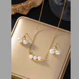 White 18K Gold Three Pearl Anti Tarnish Pendant Chain Earring Set For Women