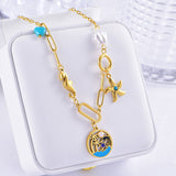 Palm Tree Star Fish Pearl Enamel Green 18K Gold Stainless Steel Anti Tarnish Charm Necklace For Women