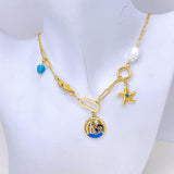 Palm Tree Star Fish Pearl Enamel Green 18K Gold Stainless Steel Anti Tarnish Charm Necklace For Women