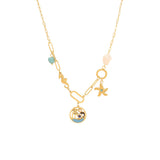 Palm Tree Star Fish Pearl Enamel Green 18K Gold Stainless Steel Anti Tarnish Charm Necklace For Women