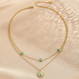 Sun Turquoise Beads Green 18K Gold Stainless Steel Anti Tarnish Dual Layer Link Chain Necklace For Women