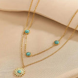 Sun Turquoise Beads Green 18K Gold Stainless Steel Anti Tarnish Dual Layer Link Chain Necklace For Women