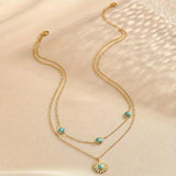 Sun Turquoise Beads Green 18K Gold Stainless Steel Anti Tarnish Dual Layer Link Chain Necklace For Women