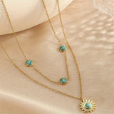 Sun Turquoise Beads Green 18K Gold Stainless Steel Anti Tarnish Dual Layer Link Chain Necklace For Women