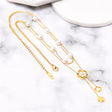 Clover Flower Pearl Mother Of Pearl White 18K Gold Stainless Steel Anti Tarnish Dual Layer Link Chain Necklace For Women