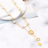 Clover Flower Pearl Mother Of Pearl White 18K Gold Stainless Steel Anti Tarnish Dual Layer Link Chain Necklace For Women