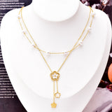 Clover Flower Pearl Mother Of Pearl White 18K Gold Stainless Steel Anti Tarnish Dual Layer Link Chain Necklace For Women