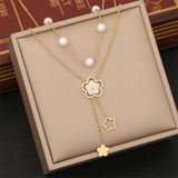 Clover Flower Pearl Mother Of Pearl White 18K Gold Stainless Steel Anti Tarnish Dual Layer Link Chain Necklace For Women