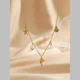 Beach Star Dolphin Fish Cubic Zirconia Pearl White 18K Gold Stainless Steel Anti Tarnish Link Chain Charm Necklace For Women