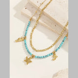 Beach Sea Horse Star Fish Beads Green 18K Gold Stainless Steel Anti Tarnish Dual Layer Necklace For Women