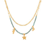 Beach Sea Horse Star Fish Beads Green 18K Gold Stainless Steel Anti Tarnish Dual Layer Necklace For Women