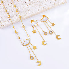 Crescent Star Cloud Cubic Zirconia Mother Of Pearl White 18K Gold Stainless Steel Anti Tarnish Necklace Earring Set For Women