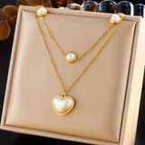 Heart Pearl White 18K Gold Stainless Steel Anti Tarnish Dual Layer Necklace For Women