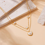 Heart Pearl White 18K Gold Stainless Steel Anti Tarnish Dual Layer Necklace For Women