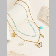Butterfly Beads Mother Of Pearl Green White 18K Gold Stainless Steel Anti Tarnish Dual Layer Link Chain Necklace For Women