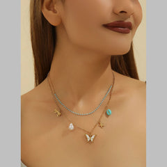 Butterfly Beads Mother Of Pearl Green White 18K Gold Stainless Steel Anti Tarnish Dual Layer Link Chain Necklace For Women