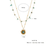 Flower Turquoise Beads Green 18K Gold Stainless Steel Anti Tarnish Dual Layer Link Chain Necklace For Women