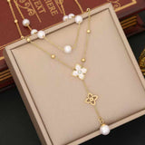 Clover Flower Pearl Cubic Zirconia Mother Of Pearl White 18K Gold Stainless Steel Anti Tarnish Dual Layer Y Necklace For Women