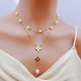 Clover Flower Pearl Cubic Zirconia Mother Of Pearl White 18K Gold Stainless Steel Anti Tarnish Dual Layer Y Necklace For Women