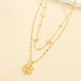 Clover Daisy Flower 18K Gold Stainless Steel Anti Tarnish Dual Layer Necklace For Women