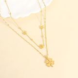 Clover Daisy Flower 18K Gold Stainless Steel Anti Tarnish Dual Layer Necklace For Women