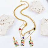 Enamel Multicolour 18K Gold Stainless Steel Anti Tarnish Necklace Earring Set For Kids Women