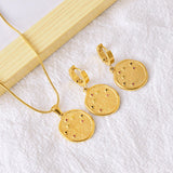 Beaten Medallion Coin 18K Gold Stainless Steel Anti Tarnish Snake Chain Necklace Earring Set For Women