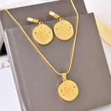 Beaten Medallion Coin 18K Gold Stainless Steel Anti Tarnish Snake Chain Necklace Earring Set For Women