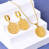 Beaten Medallion Coin 18K Gold Stainless Steel Anti Tarnish Snake Chain Necklace Earring Set For Women