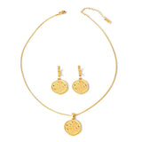 Beaten Medallion Coin 18K Gold Stainless Steel Anti Tarnish Snake Chain Necklace Earring Set For Women