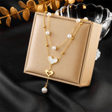 Heart Pearl Mother Of Pearl White 18K Gold Stainless Steel Anti Tarnish Dual Layer Link Chain Y Necklace For Women