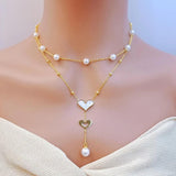 Heart Pearl Mother Of Pearl White 18K Gold Stainless Steel Anti Tarnish Dual Layer Link Chain Y Necklace For Women