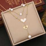 Heart Pearl Mother Of Pearl White 18K Gold Stainless Steel Anti Tarnish Dual Layer Link Chain Y Necklace For Women