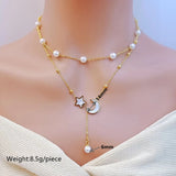 Crescent Star Pearl Mother Of Pearl White 18K Gold Stainless Steel Anti Tarnish Dual Layer Link Chain Y Necklace For Women