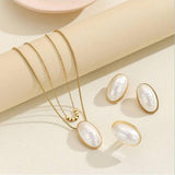 Oval Pearl White 18K Gold Stainless Steel Anti Tarnish Dual Layer Snake Chain Necklace Earring Ring For Women