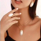 Oval Pearl White 18K Gold Stainless Steel Anti Tarnish Dual Layer Snake Chain Necklace Earring Ring For Women