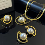 Snake Pearl White 18K Gold Stainless Steel Anti Tarnish Dual Layer Necklace Earring Ring Set For Women