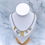 Two Tone Teddy Bear Heart Cubic Zirconia Silver 18K Gold Anti Tarnish Ball Chain Necklace For Women