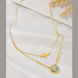 World Globe Aeroplane Enamel Blue 18K Gold Stainless Steel Anti Tarnish Necklace For Women