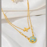 World Globe Aeroplane Enamel Blue 18K Gold Stainless Steel Anti Tarnish Necklace For Women