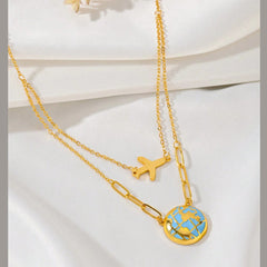 World Globe Aeroplane Enamel Blue 18K Gold Stainless Steel Anti Tarnish Necklace For Women