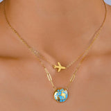 World Globe Aeroplane Enamel Blue 18K Gold Stainless Steel Anti Tarnish Necklace For Women