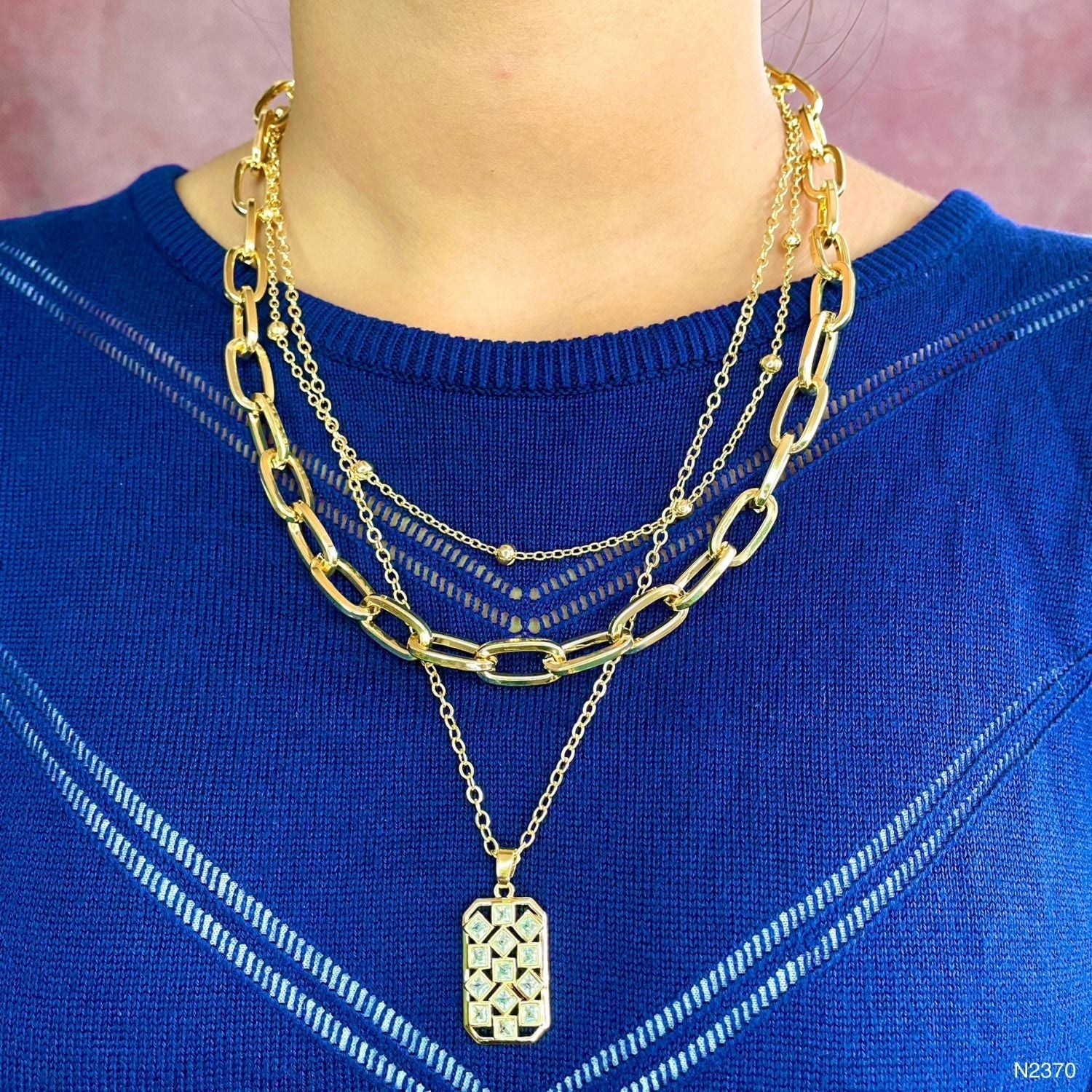 Dog Tag Cubic Zirconia 18K Gold Anti Tarnish Three Layer Link Chain Necklace For Women