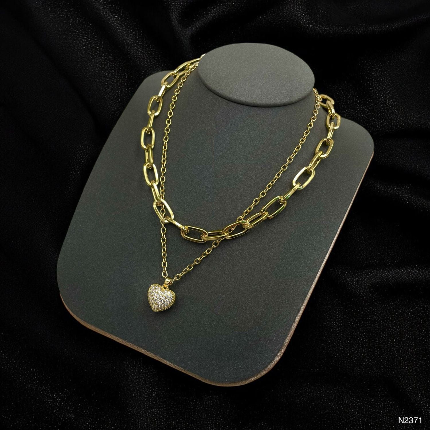 Heart Cubic Zirconia 18K Gold Anti Tarnish Three Layer Link Chain Necklace For Women