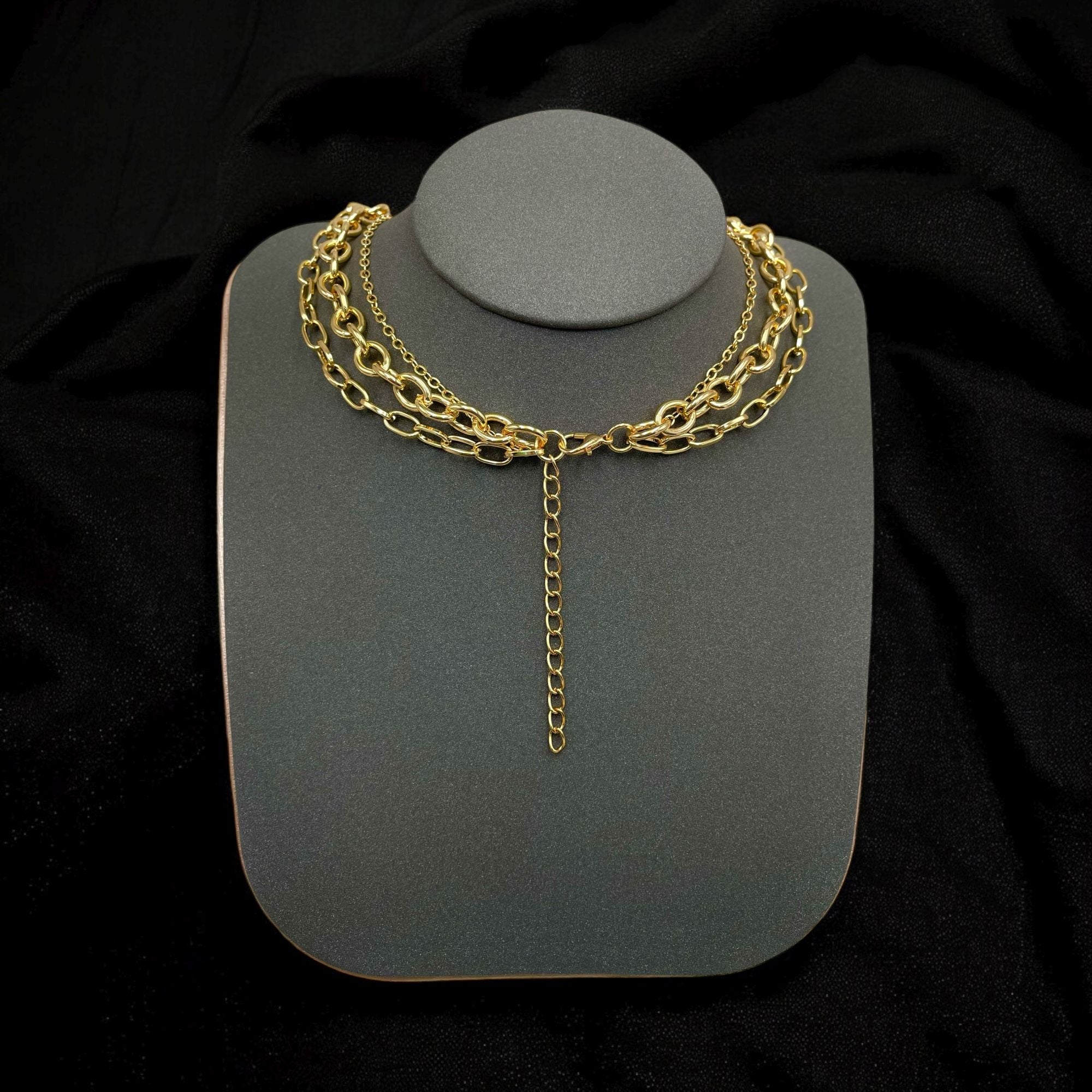 Round Baguette Cubic Zirconia 18K Gold Anti Tarnish Three Layer Link Chain Necklace For Women