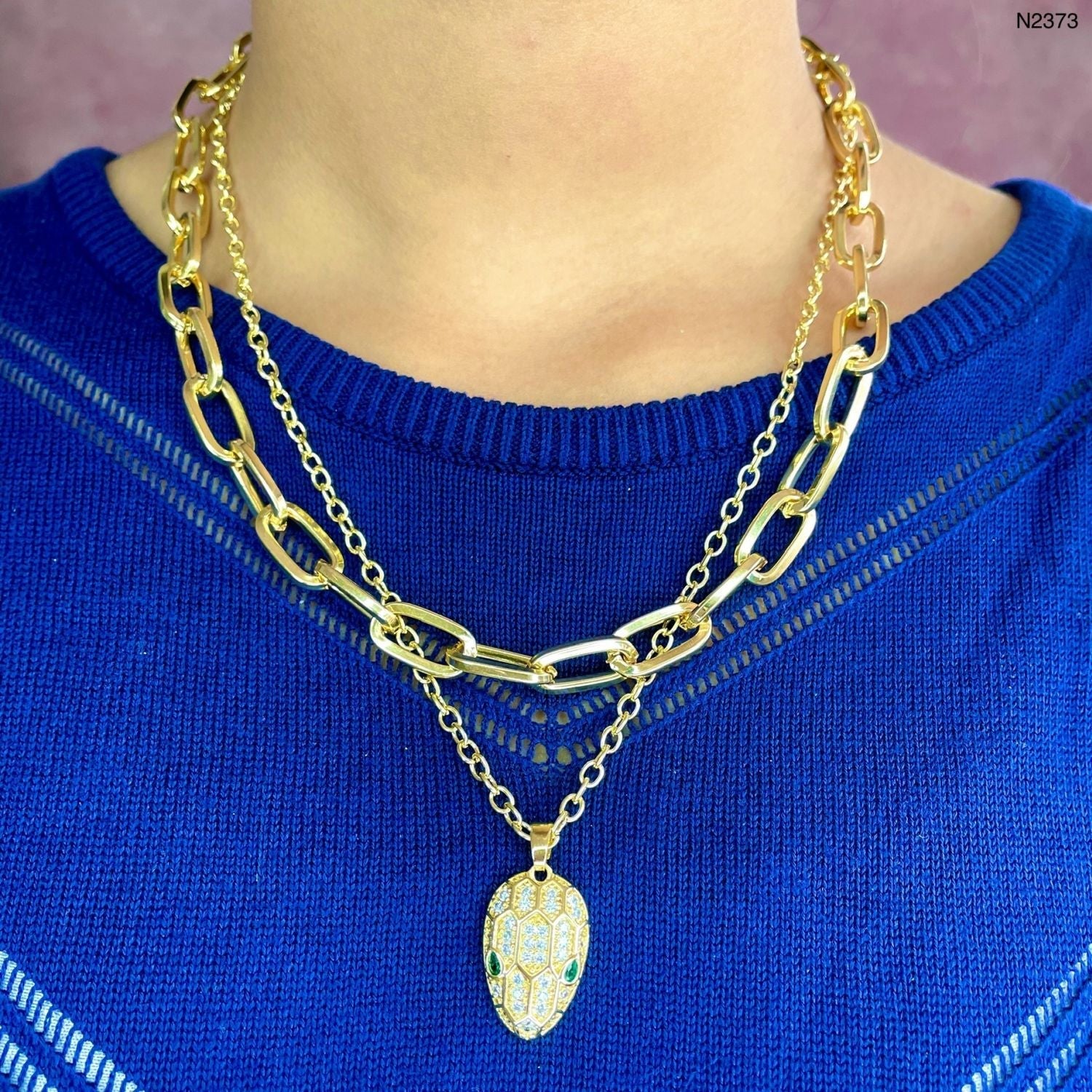 Snake Head Cubic Zirconia 18K Gold Anti Tarnish Three Layer Link Chain Necklace For Women