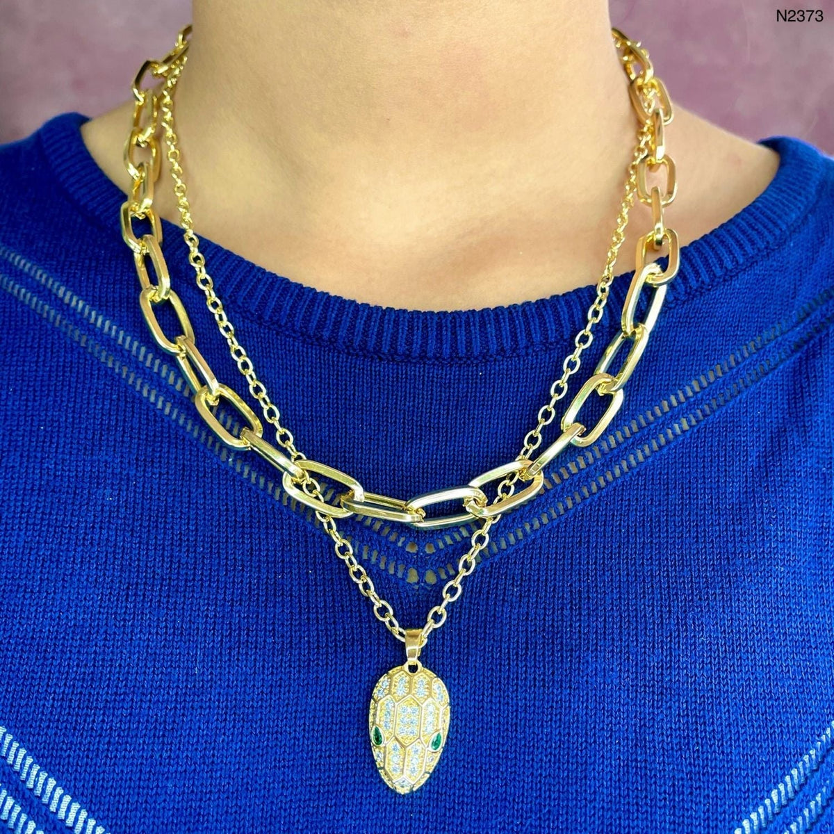 Snake Head Cubic Zirconia 18K Gold Anti Tarnish Three Layer Link Chain Necklace For Women