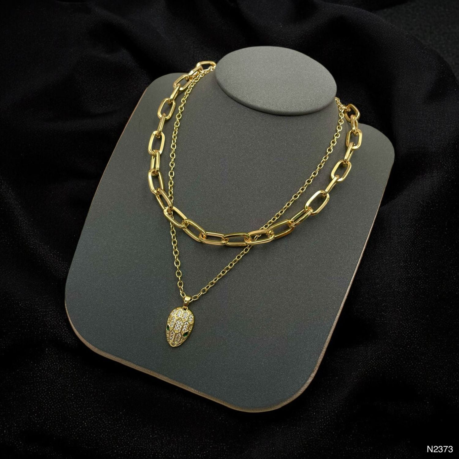 Snake Head Cubic Zirconia 18K Gold Anti Tarnish Three Layer Link Chain Necklace For Women