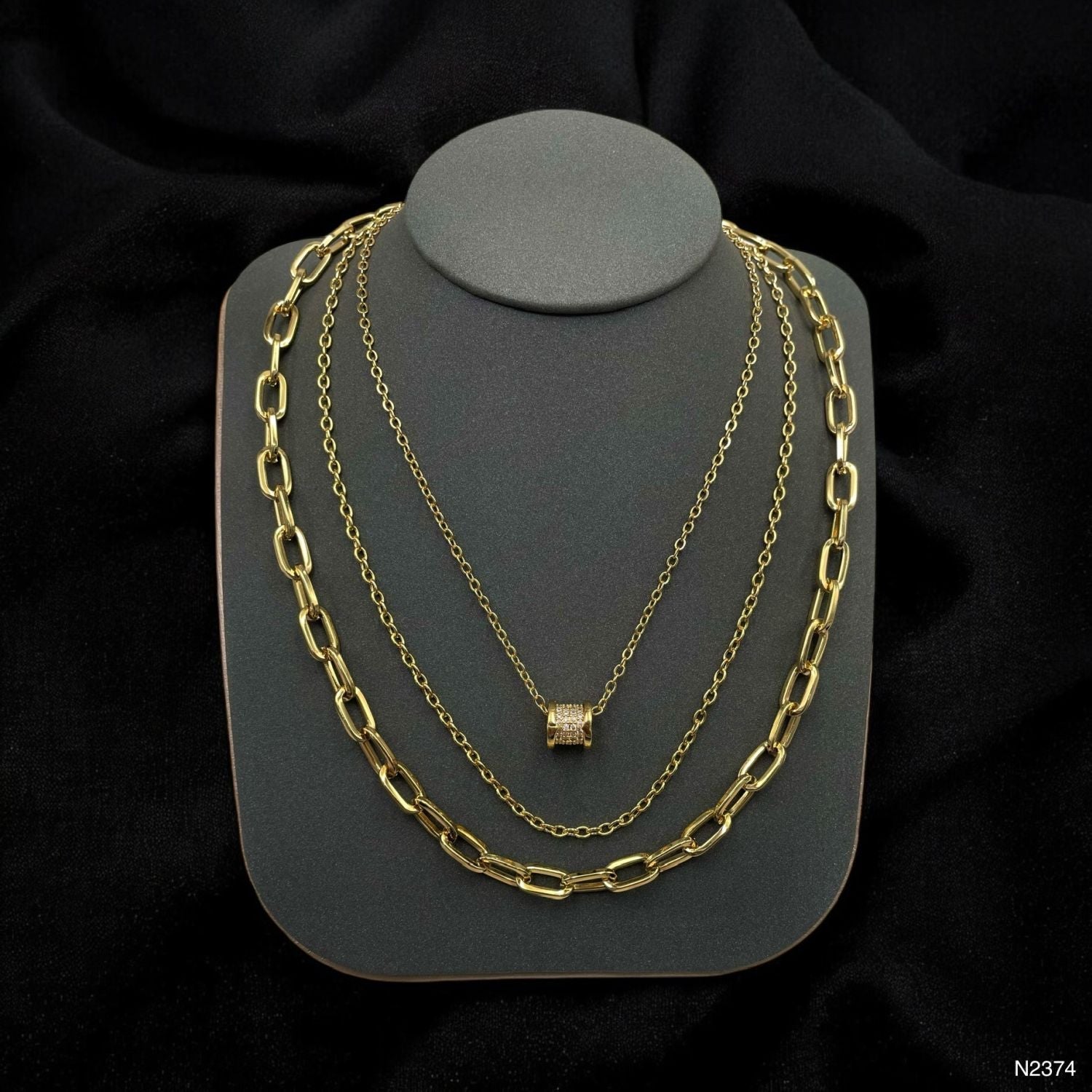 Drum Cubic Zirconia 18K Gold Anti Tarnish Three Layer Link Chain Necklace For Women