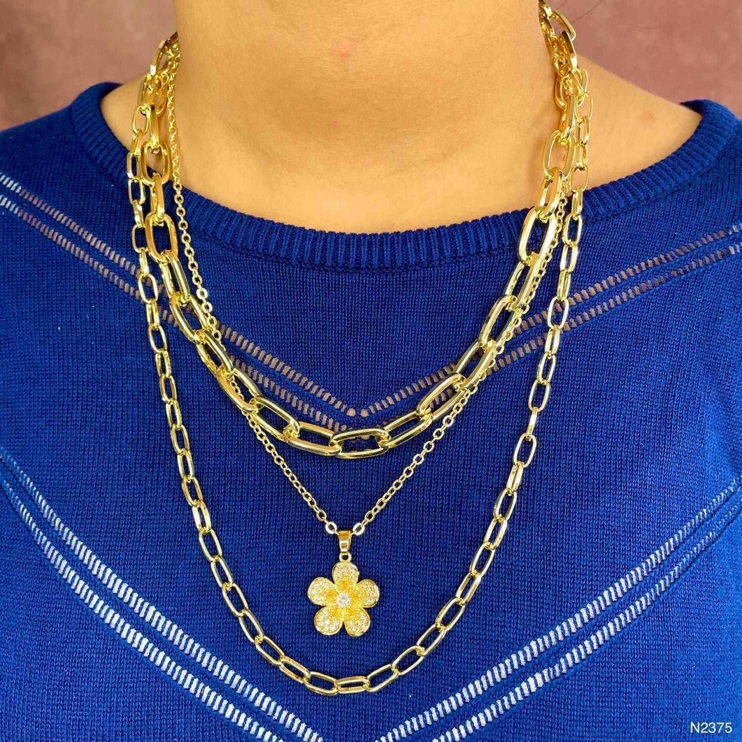Flower Cubic Zirconia 18K Gold Anti Tarnish Three Layer Link Chain Necklace For Women